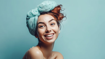 Portrait of a happy young woman with a towel on her head smilingの素材