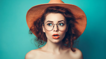Portrait of beautiful young woman in hat and glasses on blue backgroundの素材