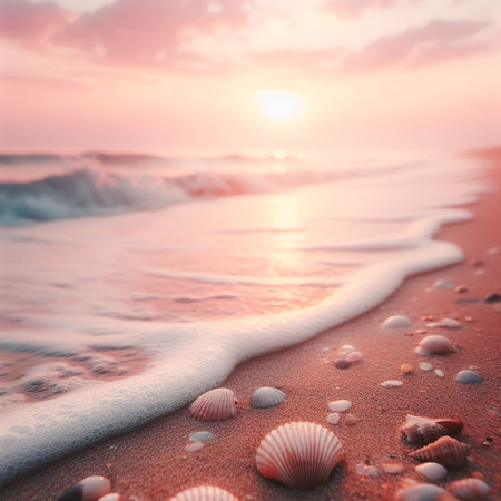 Beautiful seascape with seashells on sand at sunsetの素材