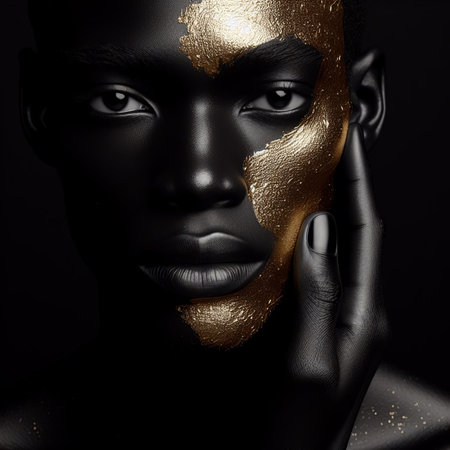 Portrait of a beautiful man with golden make-up on black backgroundの素材