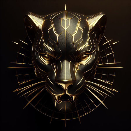 Fantasy golden panther mask isolated on black backgroundの素材