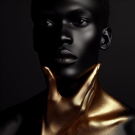 Portrait of a beautiful black man with gold skin.の素材