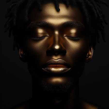 Portrait of a beautiful african american man with gold skin on dark backgroundの素材