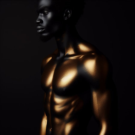 Beautiful muscular african american man with golden bodyart on dark backgroundの素材