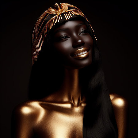 Beautiful African-American woman with golden jewelry on her head.の素材