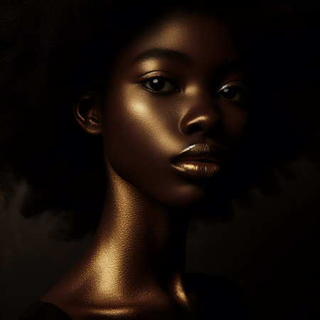 Beautiful african american woman with golden skin on dark backgroundの素材