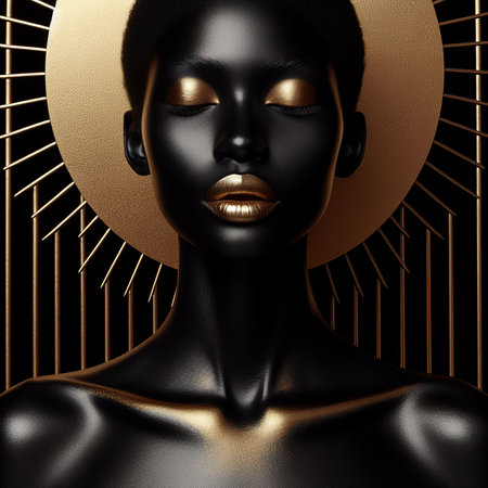 Black woman with gold skin and golden lips.の素材