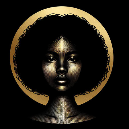 Black woman face with golden ornament on black background. Vector illustration.の素材