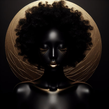 Black woman with afro hairstyle on a black backgroundの素材
