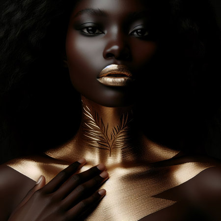 Beautiful african american woman with golden body art.の素材