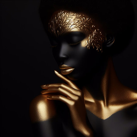 Portrait of a beautiful woman with golden bodyart on black backgroundの素材