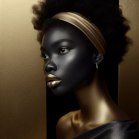 Fashion portrait of a beautiful african american woman with black skin.の素材