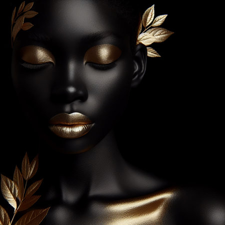 Black woman with golden make-up and golden earringsの素材