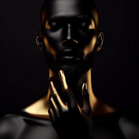 Man with golden skin on black backgroundの素材