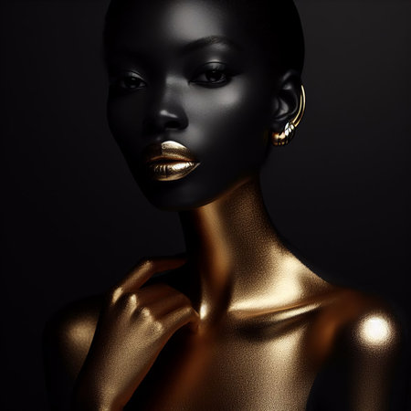 Fashionable black woman with golden lips on black backgroundの素材