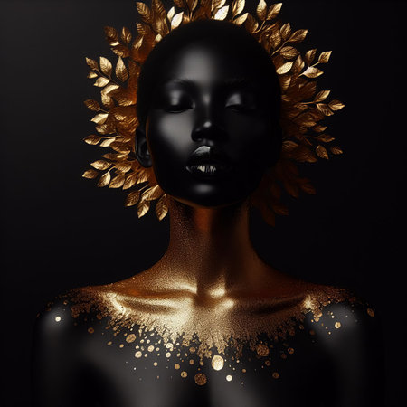 Woman portrait with golden leaves on black background.の素材