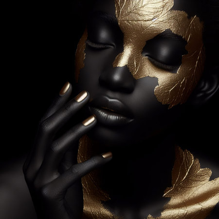 Portrait of beautiful woman with golden make-up and gold skinの素材