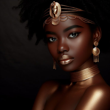 Portrait of a beautiful african american woman with jewelry on a black backgroundの素材
