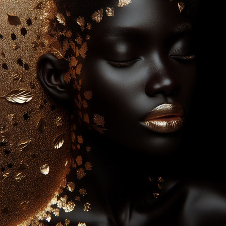 Beautiful black woman with gold skin and golden make-upの素材