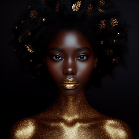 Fashion portrait of beautiful african american woman with golden makeup.の素材