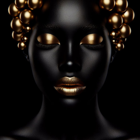 Black woman face with golden make-up and pearls on black backgroundの素材