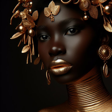 Beautiful African American woman with gold jewelry on a black background.の素材
