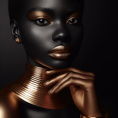 Portrait of a beautiful African American woman with gold skin.の素材
