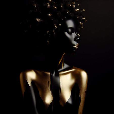 Black female portrait with golden makeup on black backgroundの素材