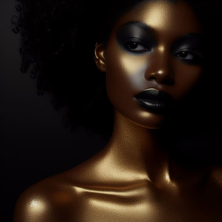 Beautiful african american woman with golden makeup on dark backgroundの素材