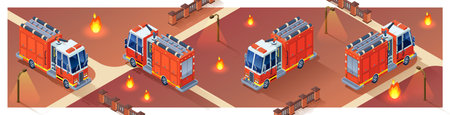 Illustration with fire truck isometric. Four projections of a fire engine in isometry. The set of objects isolated vector.のイラスト素材