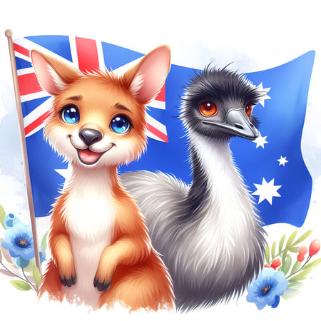 The concept of national day of Australia: illustration of charming and adorable kangaroo and emu, against of Australian flag, surrounded by beautiful flowers, giving image a lively and playful vibeの写真素材