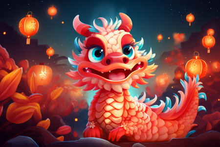 A colorful and whimsical illustration of a cute baby dragon at night, with intricate scales and playful expression on face. It is surrounded by an enchanting atmosphere with illuminated flowersの素材