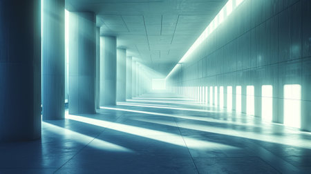 The lights and shadows of modern, architectural design interior, the space features a series of tall, sleek columns evenly spaced throughout, casting long shadows on the smooth floorの素材