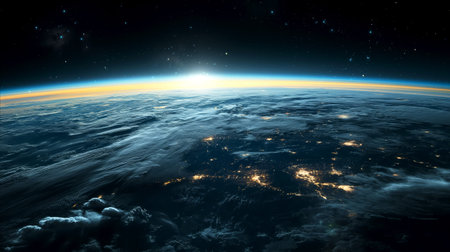 A view of Earth from space, showcasing our planetâ€™s illuminated cities and vast oceans...