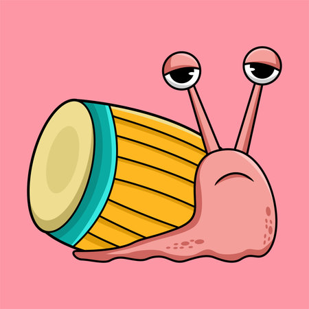 Cute cartoon snail with a drum on a pink background. Vector illustration.のイラスト素材