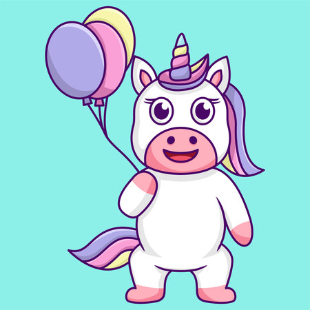 Cute cartoon unicorn with balloons. Vector illustration in a flat style.のイラスト素材