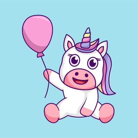 Cute cartoon unicorn with balloon. Vector illustration in flat style.のイラスト素材