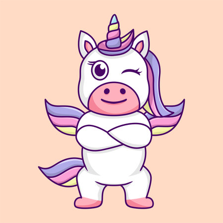 Cute cartoon unicorn. Vector illustration in a flat style on a pink background.のイラスト素材