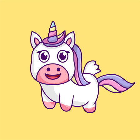 Cute cartoon unicorn on a yellow background. Vector illustration in a flat styleのイラスト素材
