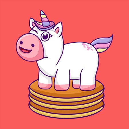 Cute unicorn on a stack of pancakes. Vector cartoon illustration.のイラスト素材
