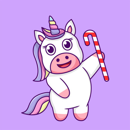 Cute cartoon unicorn with candy cane. Vector illustration on a purple background.のイラスト素材