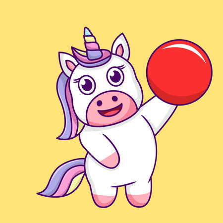 Cute cartoon unicorn with red ball on yellow background. Vector illustrationのイラスト素材