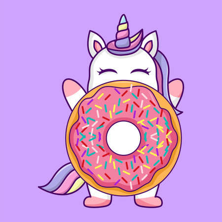 Cute unicorn with donut. Vector illustration in cartoon style.のイラスト素材