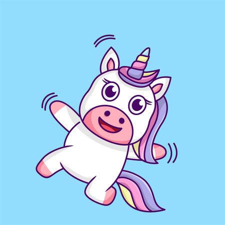 Cute cartoon unicorn. Vector illustration in a flat style on a blue background.のイラスト素材