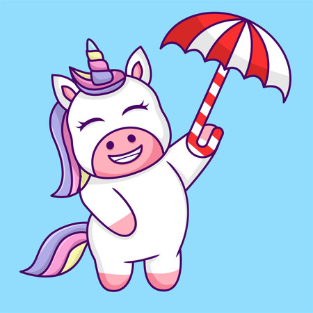 Cute cartoon unicorn with umbrella. Vector illustration in a flat styleのイラスト素材