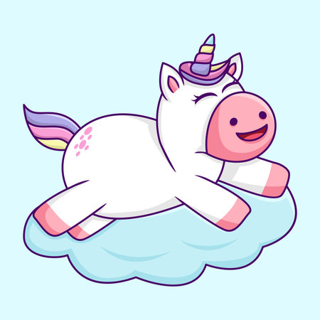 Cute cartoon unicorn sleeping on the cloud. Vector illustration in a flat styleのイラスト素材