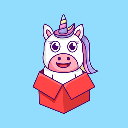 Unicorn in a box. Cute cartoon character. Vector illustration.のイラスト素材