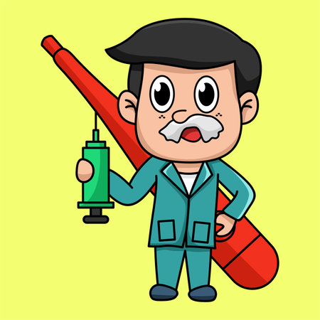 Cartoon mechanic holding a syringe. Vector illustration in cartoon style.のイラスト素材