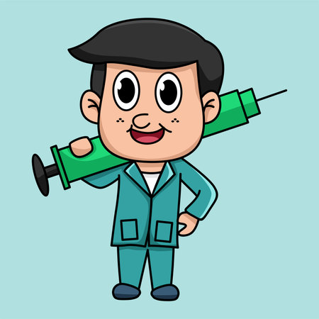 Cartoon mechanic holding a big green syringe. Vector illustration.のイラスト素材