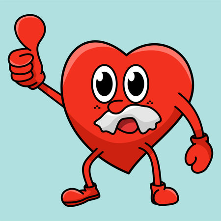 Funny cartoon red heart character with thumbs up. Vector illustration.のイラスト素材